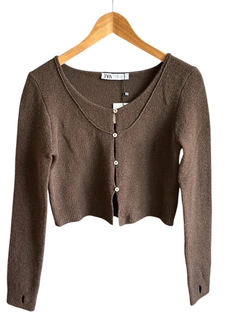 Zara NWT Wool Yak Blend Cropped Cardigan Size L Brown Thumbhole Sleeve